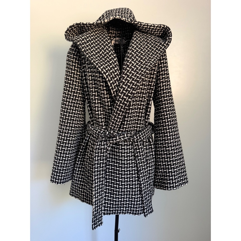 Jack by BB Dakota Black White Basketweave Hooded Wrap Belted Coat Jacket Medium